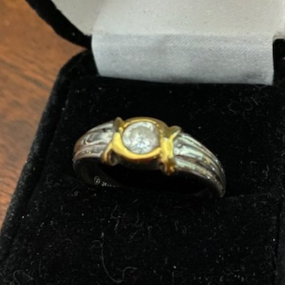 Miner's Cut CZ Solitaire * YELLOW & WHITE 18 Kt GF Band RING * sz 6.25 * Classy - Picture 2 of 5